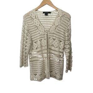 VTG Womens Cottagecore Crochet Cardigan Womens Medium‎ Beige Boho Hippie Top